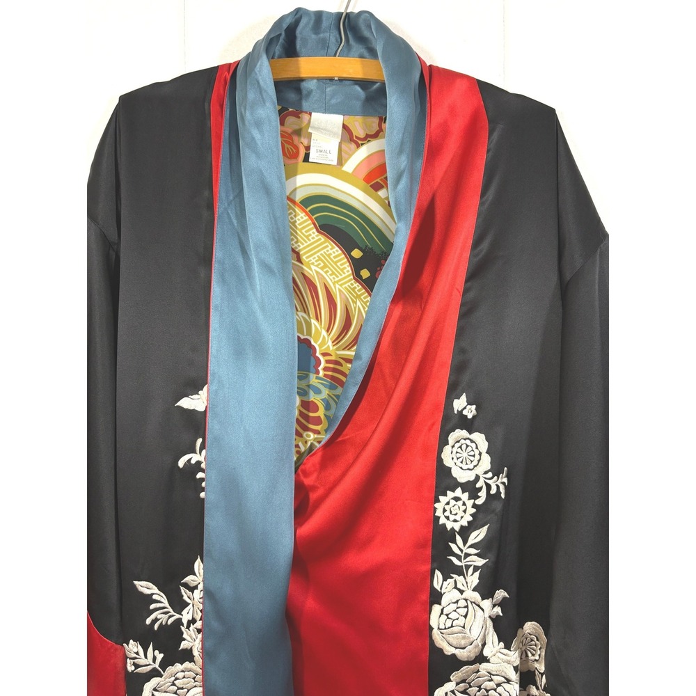 Natori Robe Black Red Blue Embroidered Phoenix Floral Satin Kimono V80940 Small - Picture 7 of 10